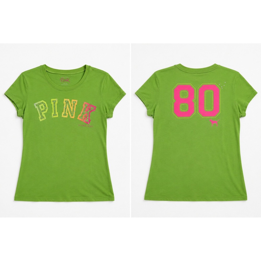 VTG Y2K Victorias Secret PINK T-Shirt Women XS/S Green Rhinestone Graphic Logo